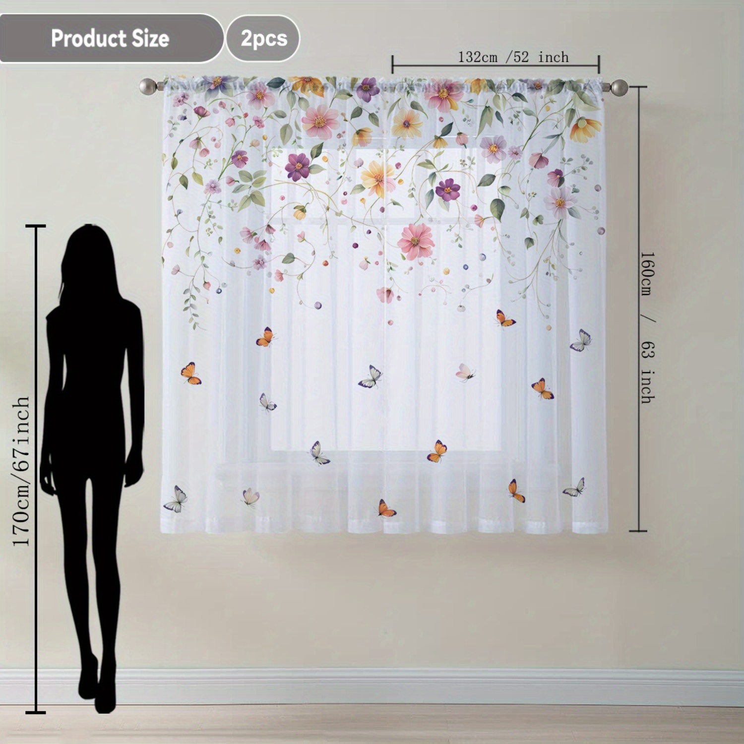 2pcs & Floral Sheer Curtains - Rod For Easy Hanging, Living Room, Kitchen, Balcony & More - Machine Washable Polyester Home Decor