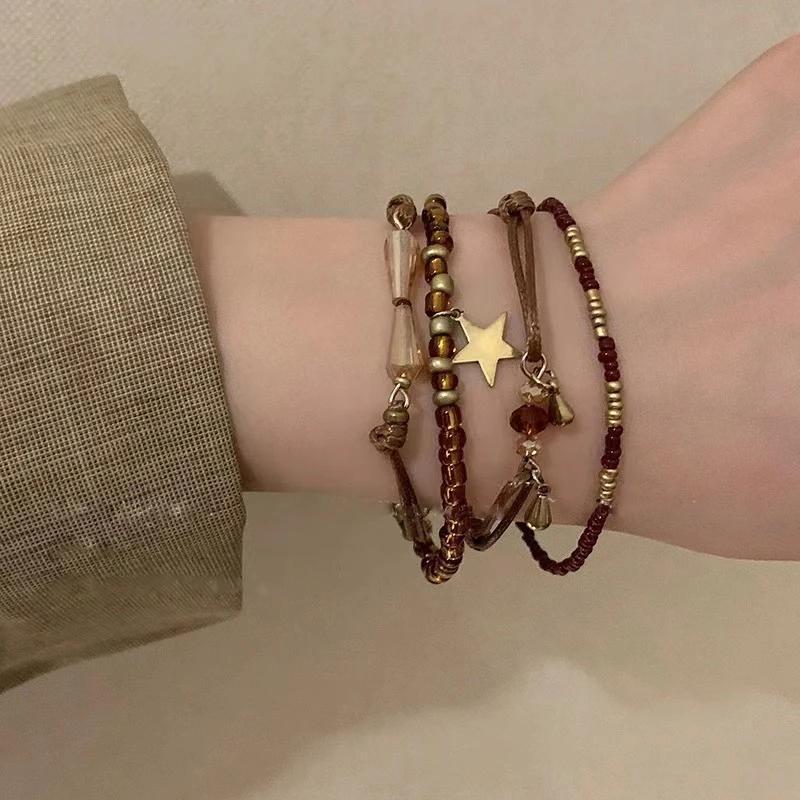 

4-piece Boho Tribal Bracelet Set For Women - St. Patrick's Day All-season Vacation & Festival Accessory, Ethnic Brown Beaded Stackable Bracelets, Plastic Material With No Metal Plating