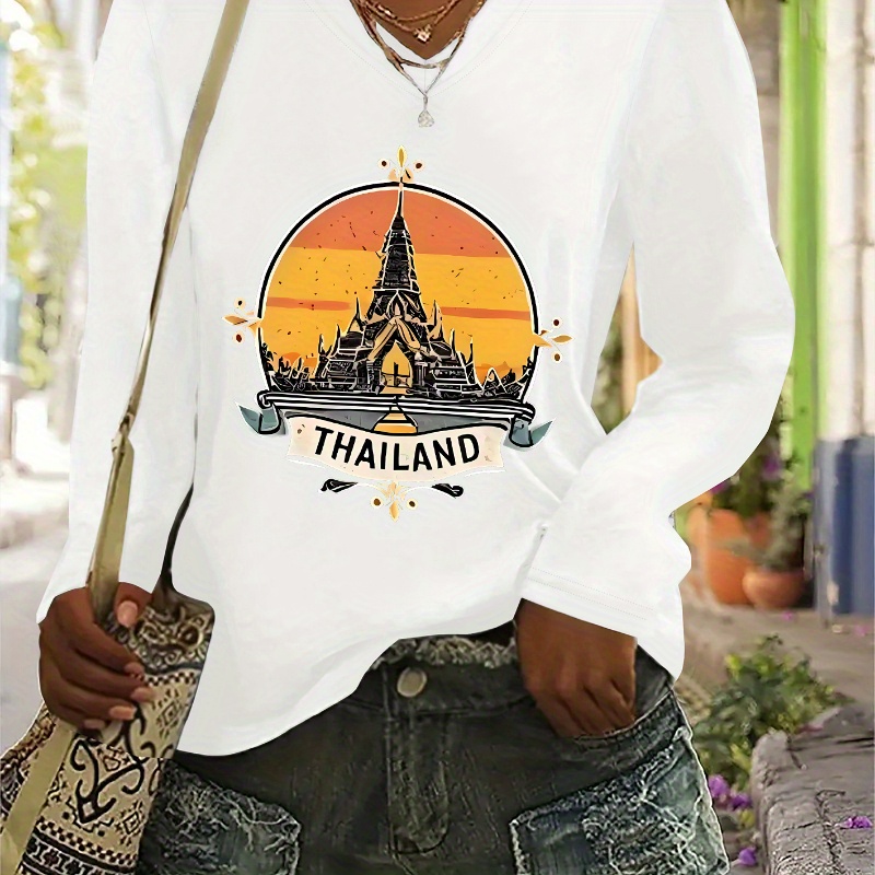 

T-shirt à manches longues décontractée pour femme avec graphique de temple thaïlandais, tissu tricoté en polyester 100%, taille régulière, motif architectural - Port pour toutes