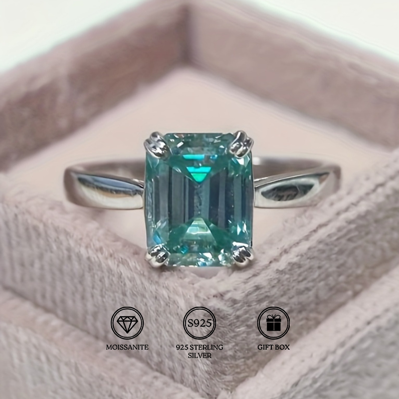 

Bague en Moissanite 2.4g 1pc 3Carats Coupe Émeraude Turquoise, Bague en Argent Sterling 925, Cadeau Magnifiquement Conçu