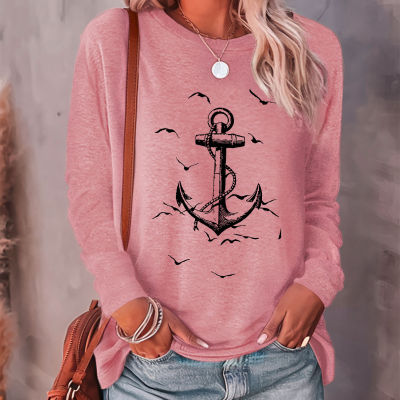 

Women's Anchor Print Long Sleeve Casual T-shirt - Knit Polyester Blend, Crew Neck, Fall/