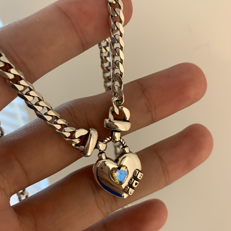 

925 Silver Plated Retro White Diamond Zircon Love Necklace For Women Light Luxury Thick Chain Collarbone Chain Cold Wind