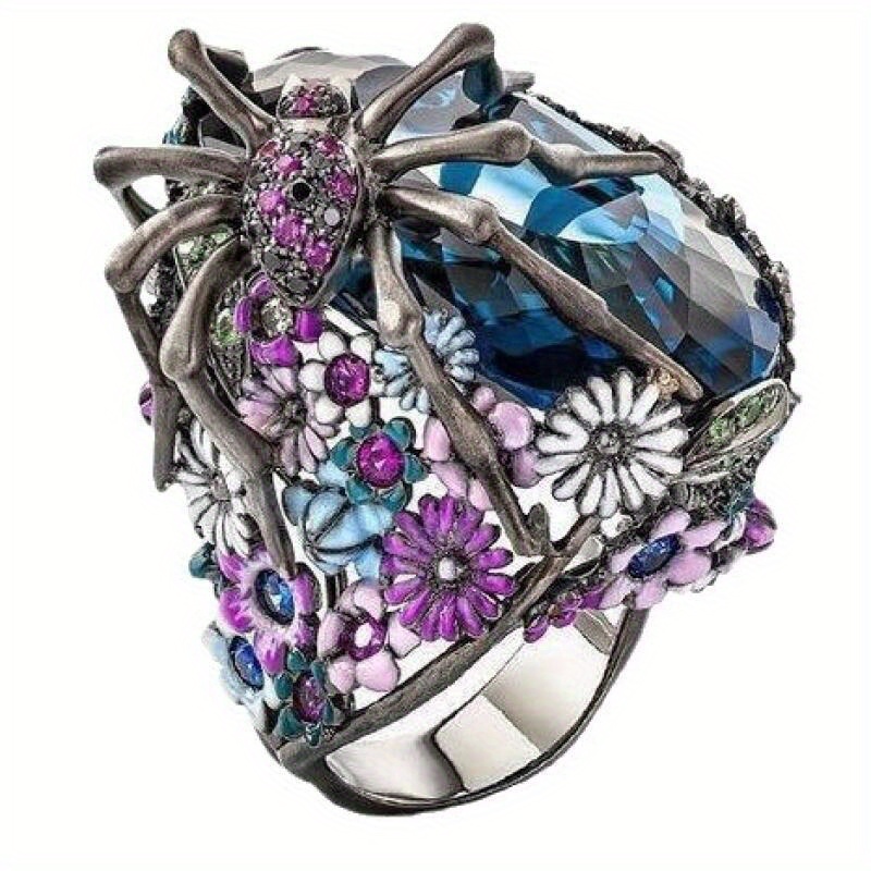 

1pc Exquisite Spider Flower Geometric Inlaid Faux Crystals Gothic Copper Multicolor Ring Woman Party Banquet Gift Size 6-10