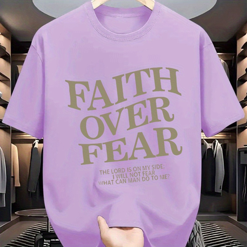 

Men' "faith Over Fear" Letter T-shirt - 100% Polyester Knit Fabric, Casual Crew Neck, Regular Fit, Slight Stretch, Summer Tee For