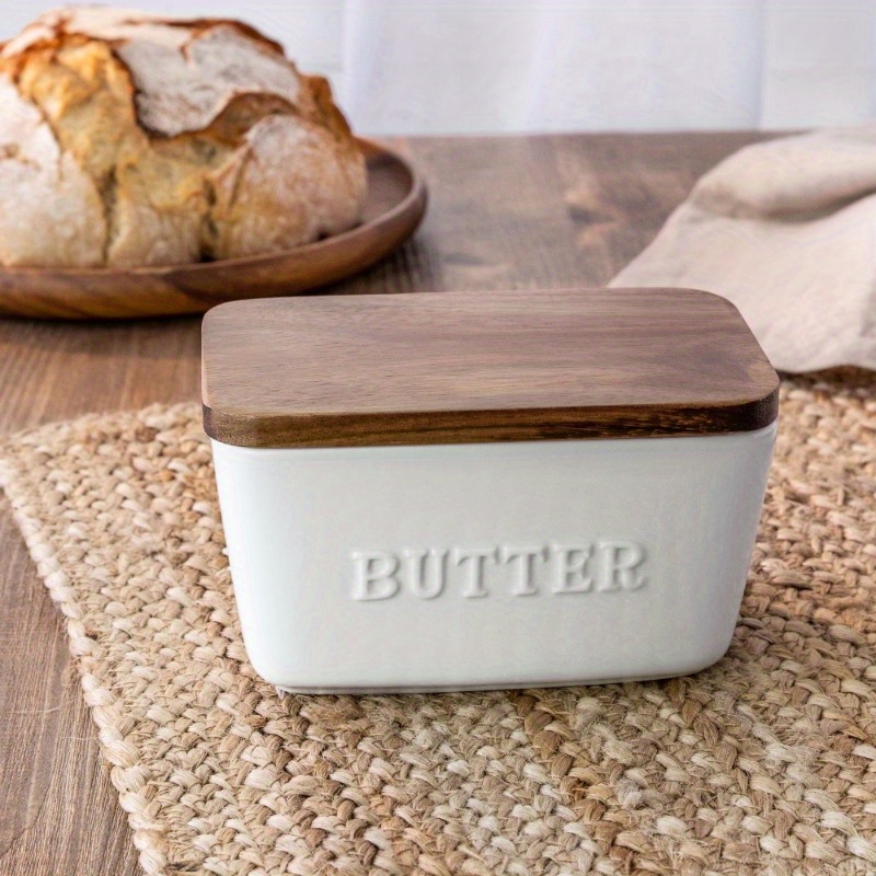 

White And Wood Porcelain Embossed Butter Dish