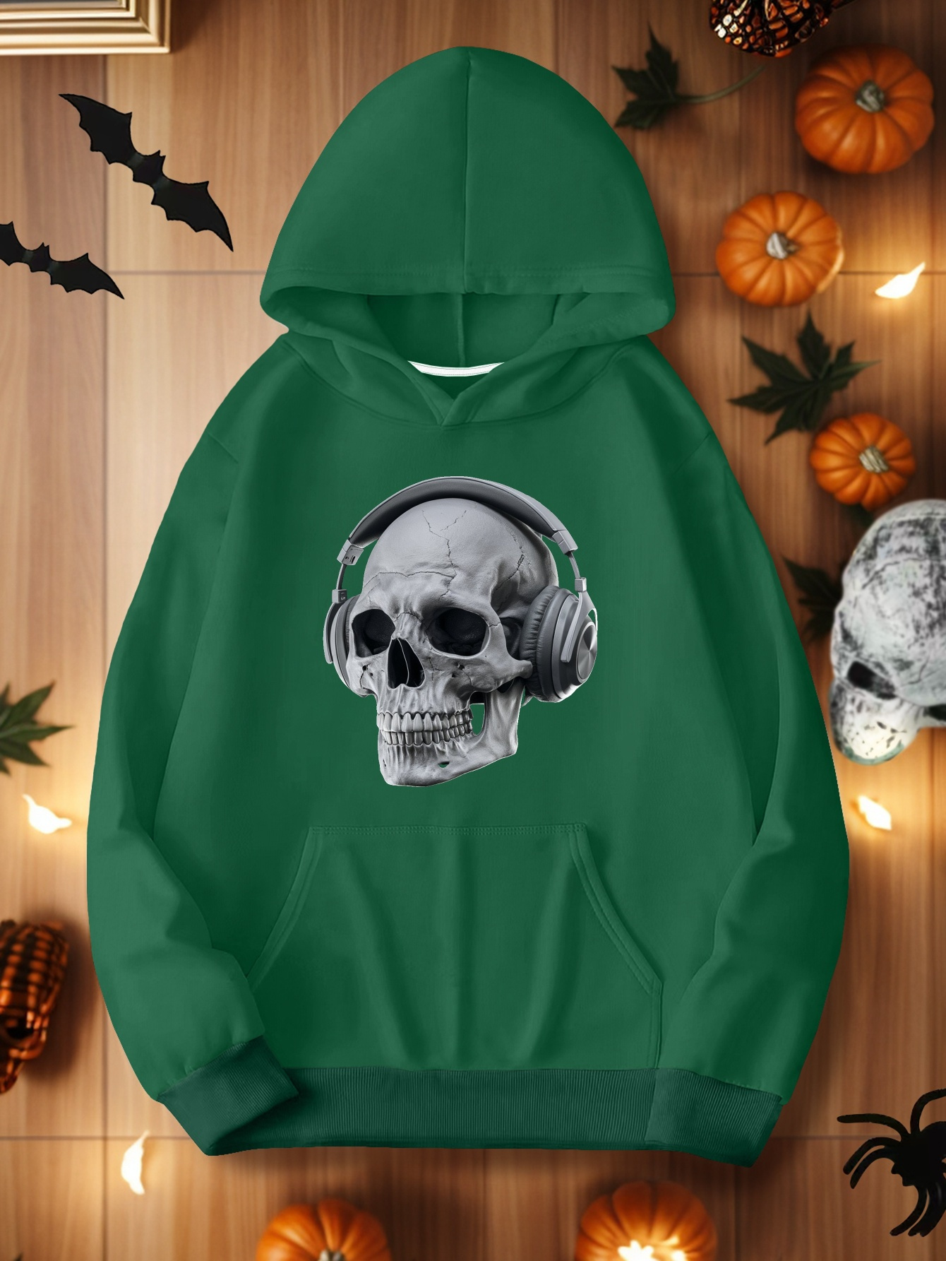 women's casual skull headphones graphic hoodie cozy polyester