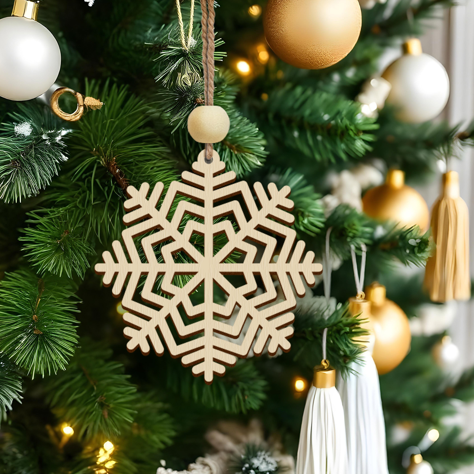 

24-piece Christmas Snowflake Ornaments Set - Wooden Snowflake Tassel Decorations For Tree, Manufactured Wood Hanging , No Electricity Needed,