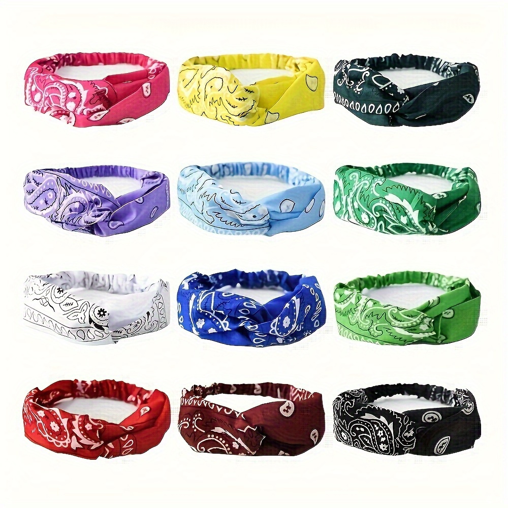 TEMU 12pcs Retro Paisley Headbands For Women - Hip-hop Style, Sweat-absorbent Sports & Yoga Hair Bands, Polyester Material, Vibrant Patterns For , Sports Headbands | Vibrant Headbands | Hair Bands