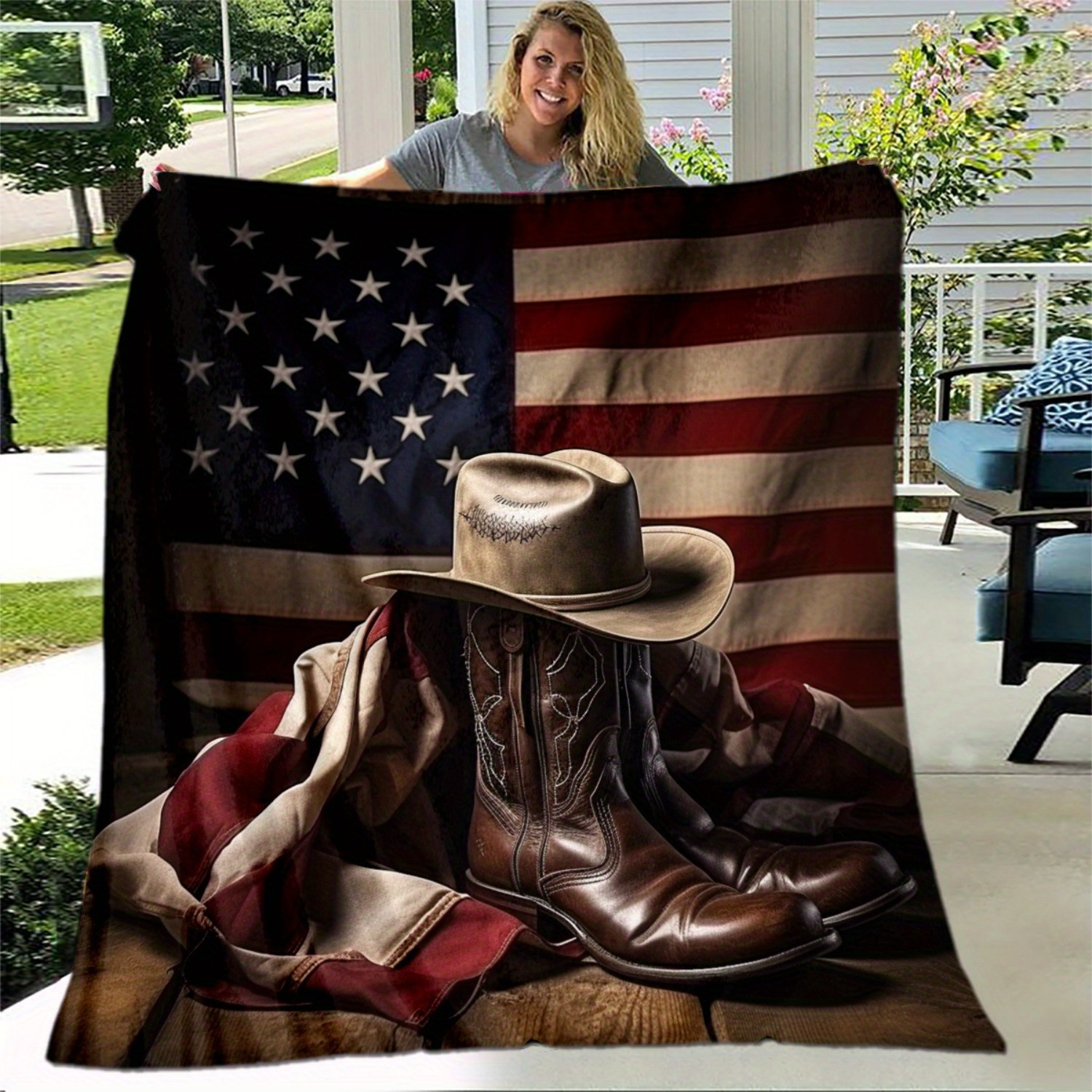 

1pc Vintage Blanket Cowboy Leather Shoe Hat Flag Cowboy 3d Printing Flannel Blanket For Bedroom Outdoor