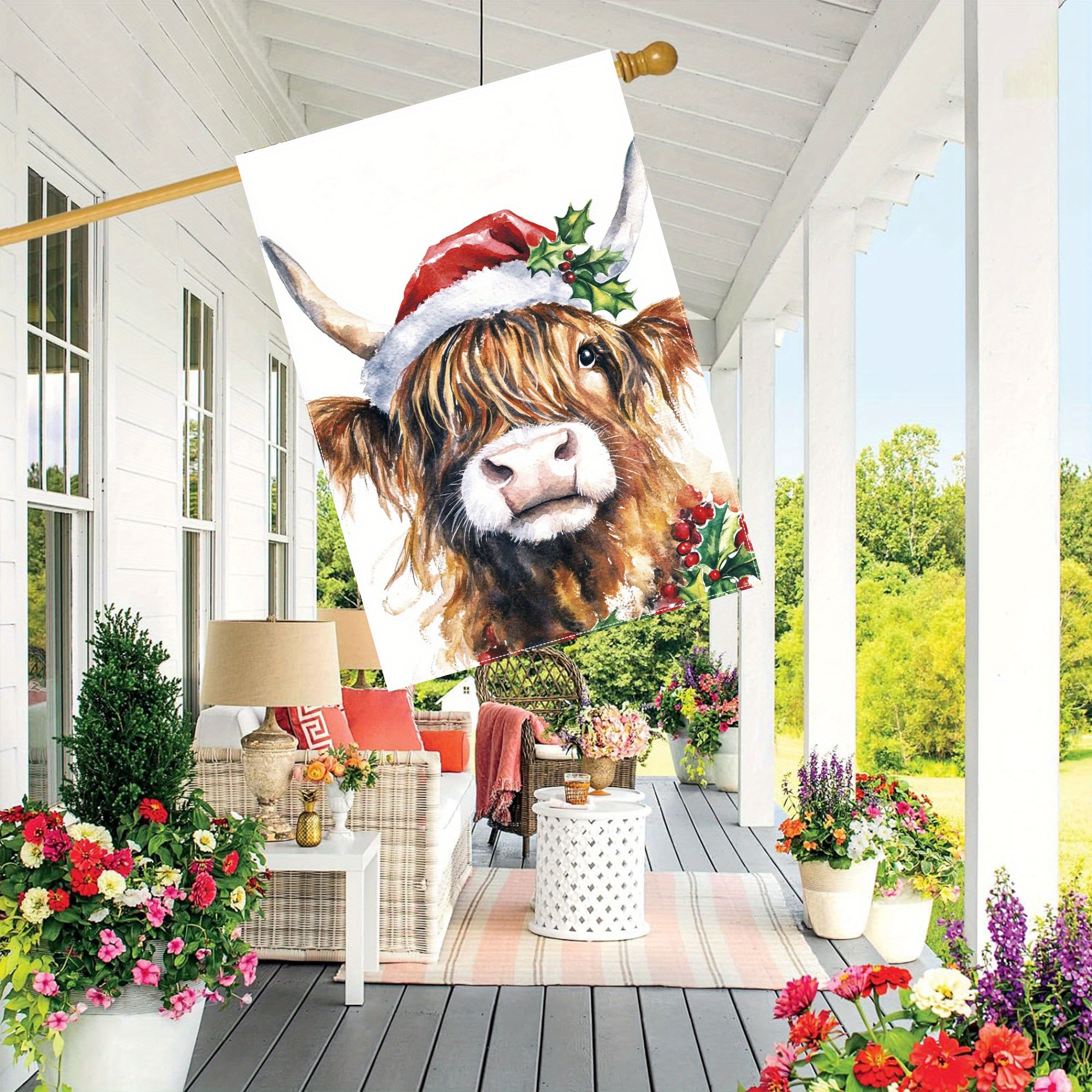 

() 1pc, Merry Christmas Cow Garden Flag Highland Cow With Santa Hat Flag 28 × 40 Inches Double-sided Garden Flag, Yard Decoration, Outdoor Decoration, Lawn, Flag Only