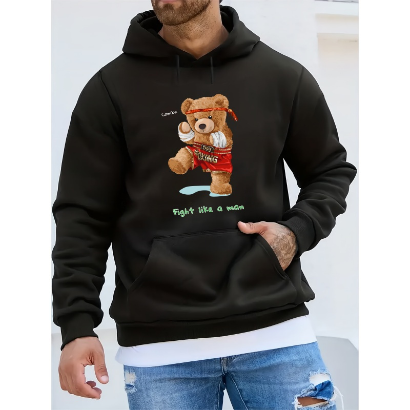 

Men's Casual Hooded Sweatshirt With Teddy Bear Boxing Print - Long Sleeve, Knit Polyester Fabric With Slight Stretch, Alphabet Pattern, Regular Fit Winter Fashion Hoodie