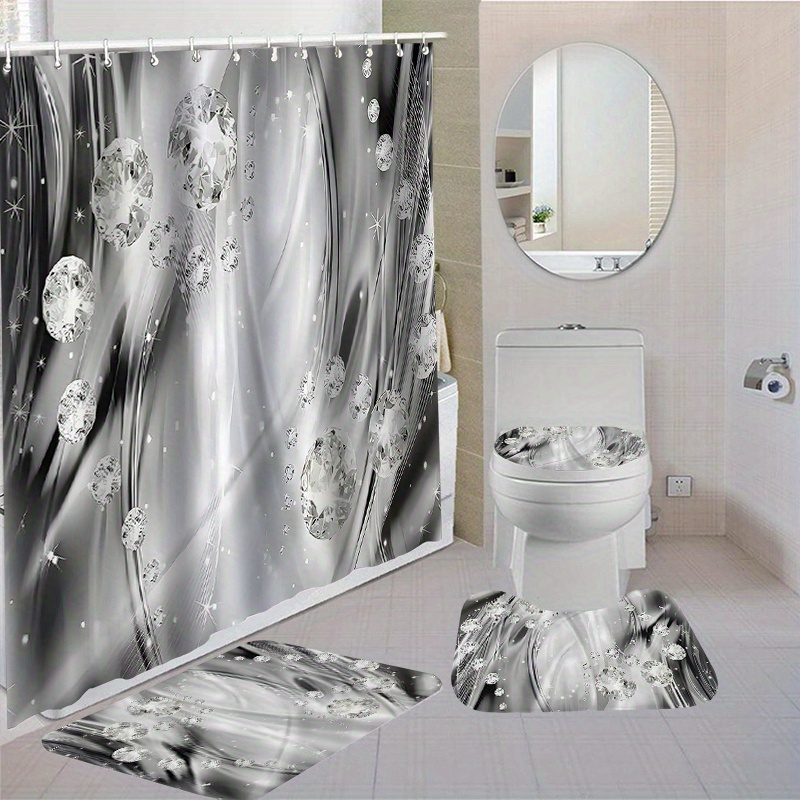 

1pc/4pcs Waterproof Bathroom Shower Curtain Set With 12 Hooks Toilet Seat Bath Mats And Rugs Non-slip Carpet Toilet Covers Polyester Fabric Washable Curtain Bathroom Accessories (open Jit)