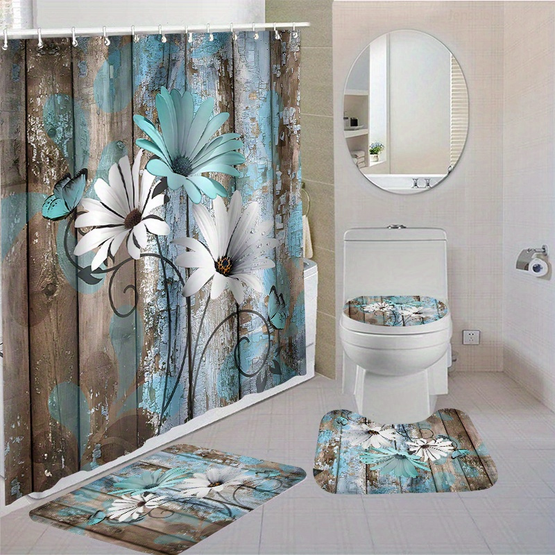 

1pc/4pcs Waterproof Bathroom Shower Curtain Set With 12 Hooks Toilet Seat Bath Mats And Rugs Non-slip Carpet Toilet Covers Polyester Fabric Washable Curtain Bathroom Accessories (open)