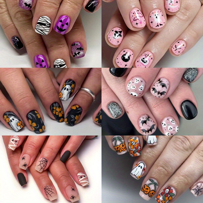 TEMU 144 Pieces Of Press Wear Nail, Short Square Fake Nail 6 Full Set Of Small Bat Pumpkin Nail Design Gloss Human Fake Nail Set, Suitable For Female Nail Decoration