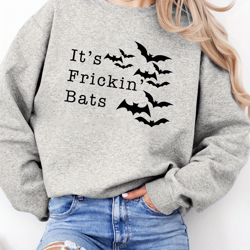 

Plus Size Bats Print Pullover Sweatshirt, Casual Crew Neck Long Sleeve Sweatshirt For Spring & Fall, Women's Plus Size Clothing