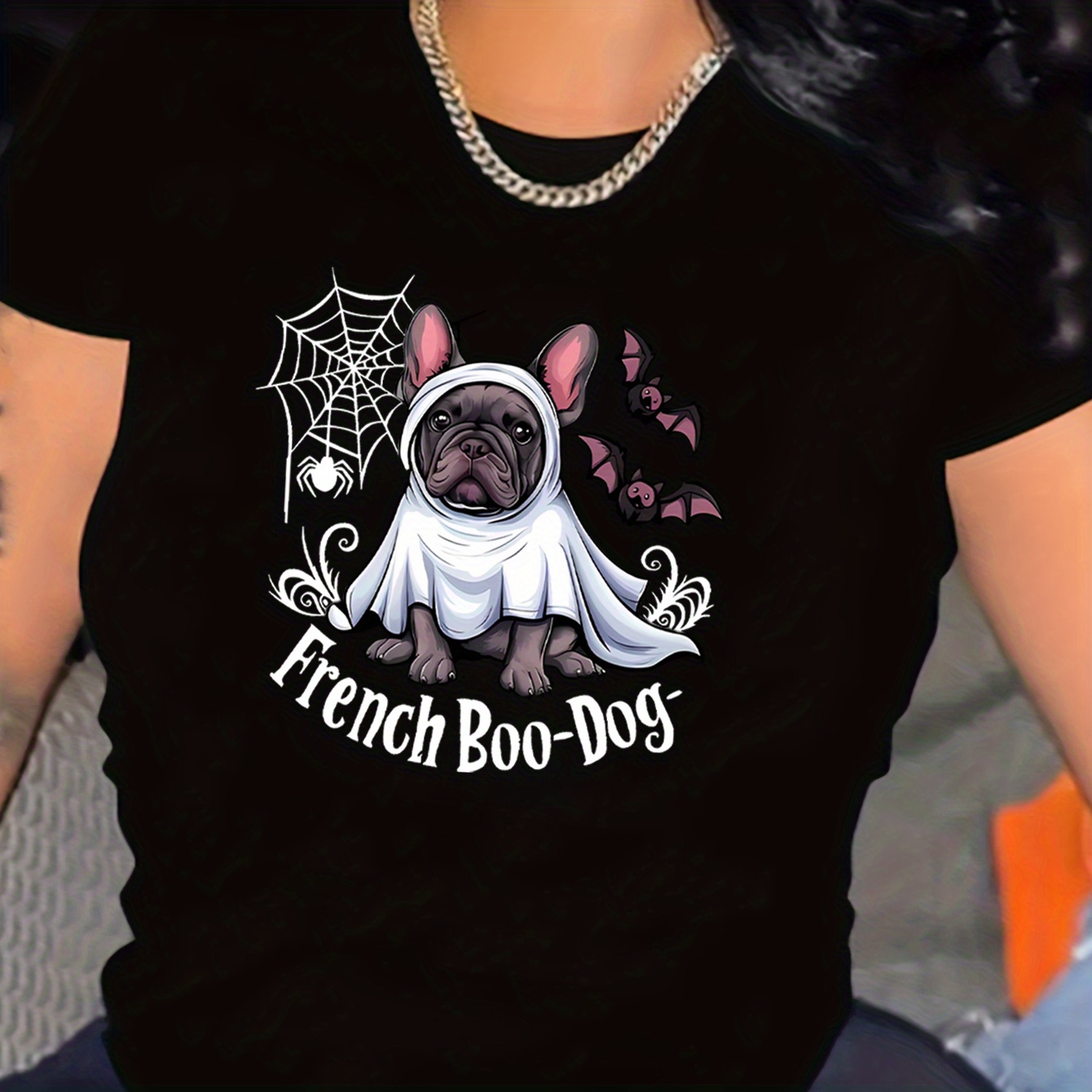 

Elegant French Bulldog Print T-shirt - Medium Stretch Knit Fabric, Solid Color, Round Neck, All-season Comfort, Casual Street Style Women's Top