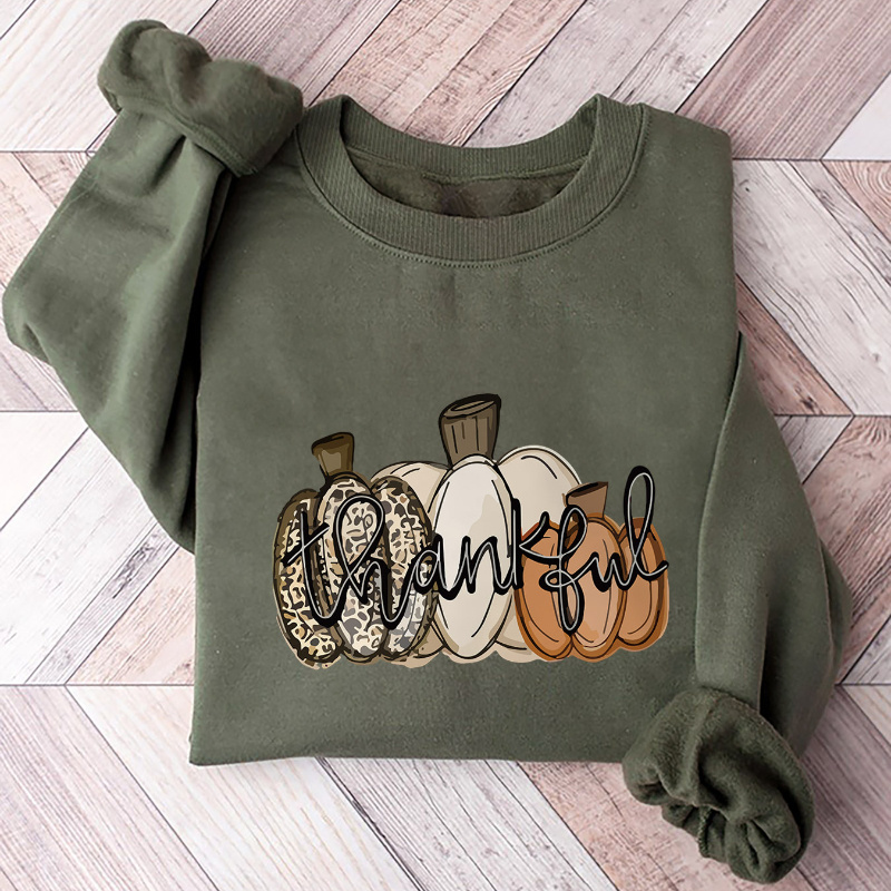 

Women's "thankful" Print Crew Neck Sweatshirt - 100% Polyester Long Sleeve Knit Fabric Casual Pullover For Fall/winter