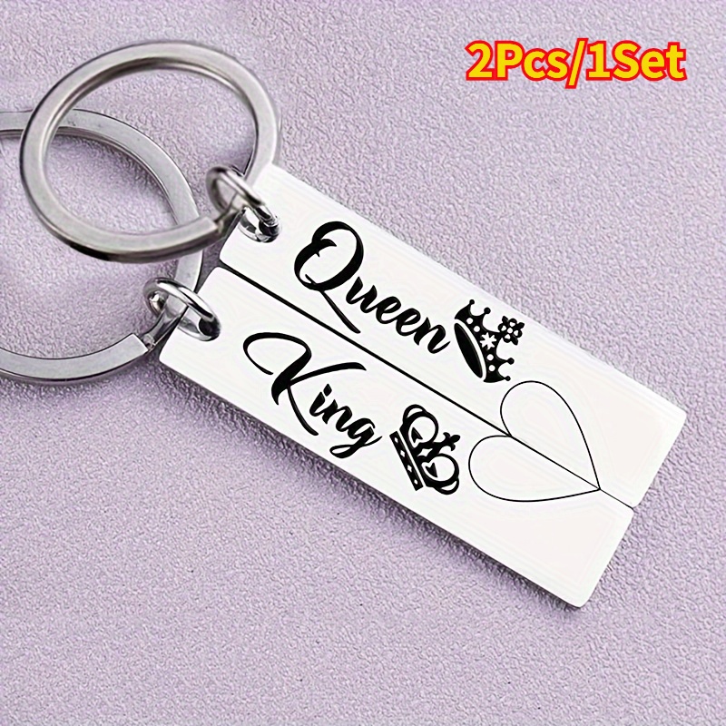 

2pcs Creative Letters King Queen Keychain, Stainless Steel Material And Pattern Ornament Pendant Couple Pair