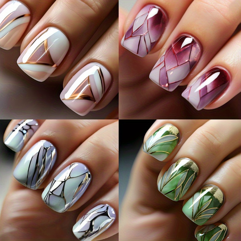 TEMU 96pcs Of Short Square Pressed Fake Finger Set, Fashionable Gradient Patch Nails, Marble Pattern, Gradient With Thread, Glossy Effect, Suitable For Women And Girls To Wear Nail Decoration Products