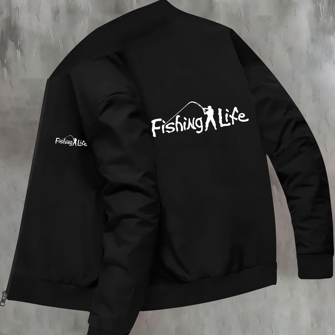 

Men's Trendy Fishing-themed Print Jacket - Casual Stand Collar, Slim Fit For Fall/winter, Machine Washable