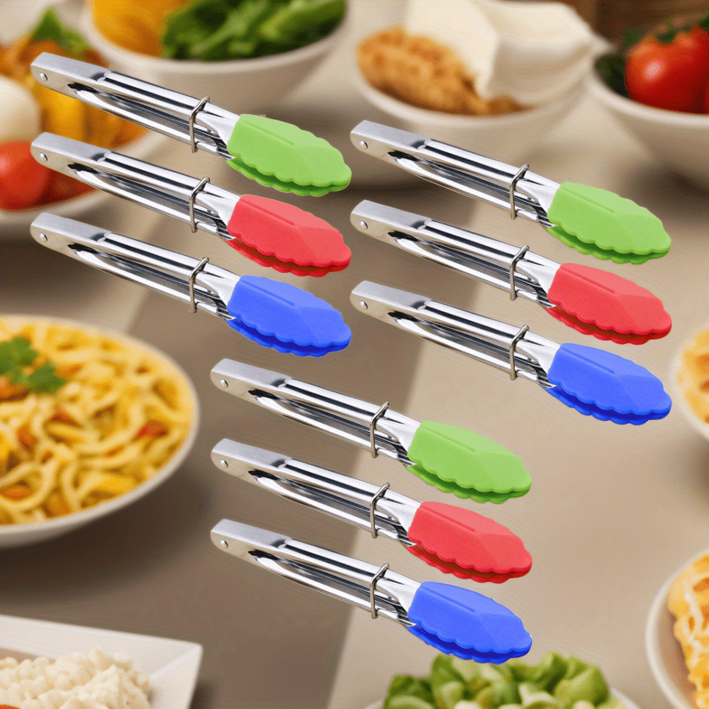 

9pcs Mini Kitchen Tongs, 7-inch Silicone Tips, Heat Resistant Stainless Steel Food Tongs For Bbq, Salad, Cooking - Red, Blue, Green