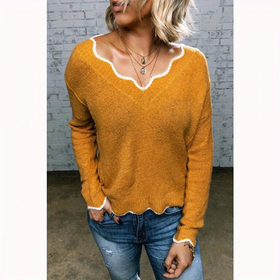 

Women Autumn Winter Knitted Sweater, V-neck Solid Color Pullover, Long Sleeve Casual Tops Jumper