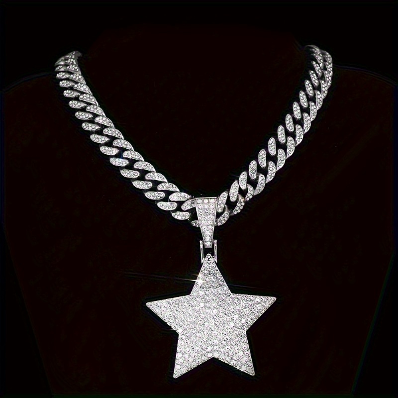 

1 Piece Of Shining Five-pointed Star Pendant With Ice Cuban Chain Miami Necklace For Men And Women Hip-hop Pendant Choker Necklace Jewelry Gift