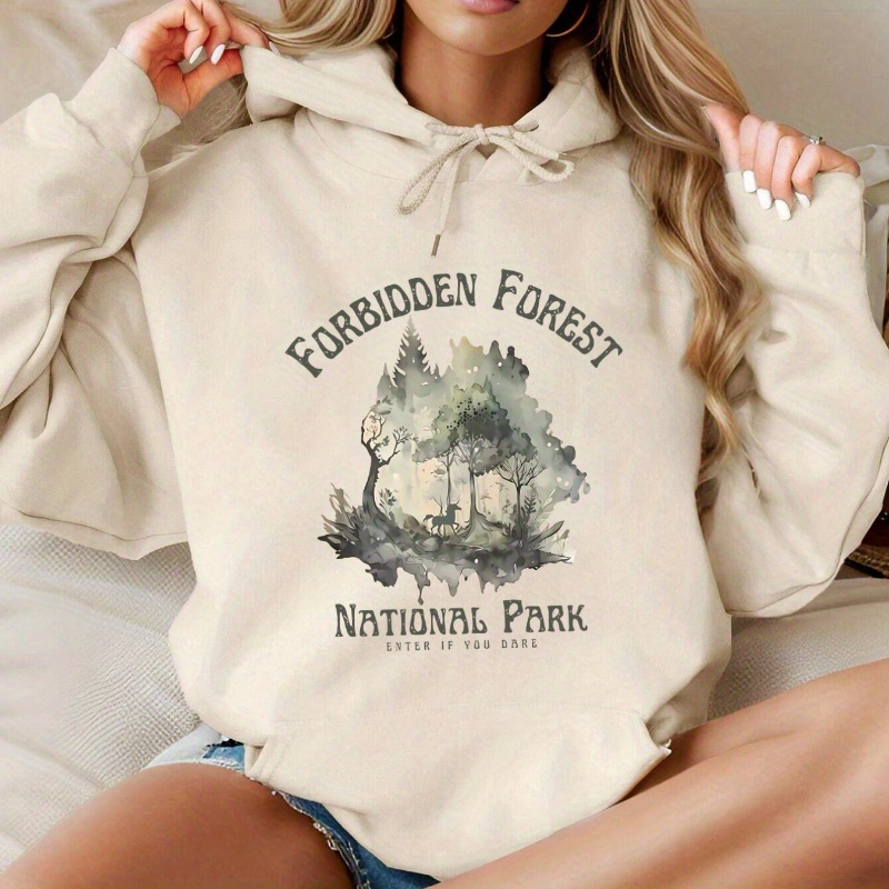 

Plus Size Fashion Forest & Letter Hoodie, Women's Long Sleeve Drawstring Sweatshirt For Fall & Winter