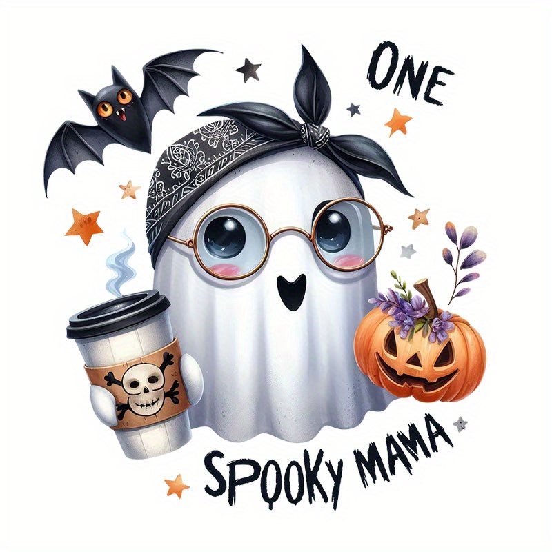 1pc halloween spooky mama heat transfer sticker cute cartoon design with glasses bandana coffee cup high quality polyester decal for t shirts bags pillows durable halloween gift party decor halloween accessories   theme 0