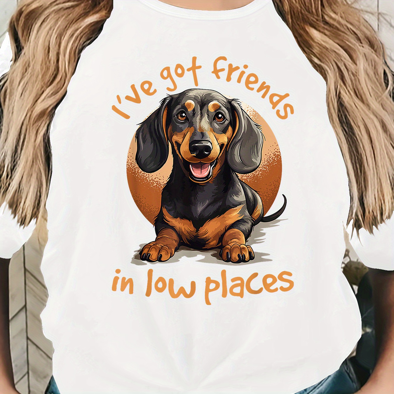 

Women' Dachshund Print T-shirt - Casual Crew Neck, Short Sleeve Top For Spring/summer, Stretchy Polyester Blend, Machine Washable