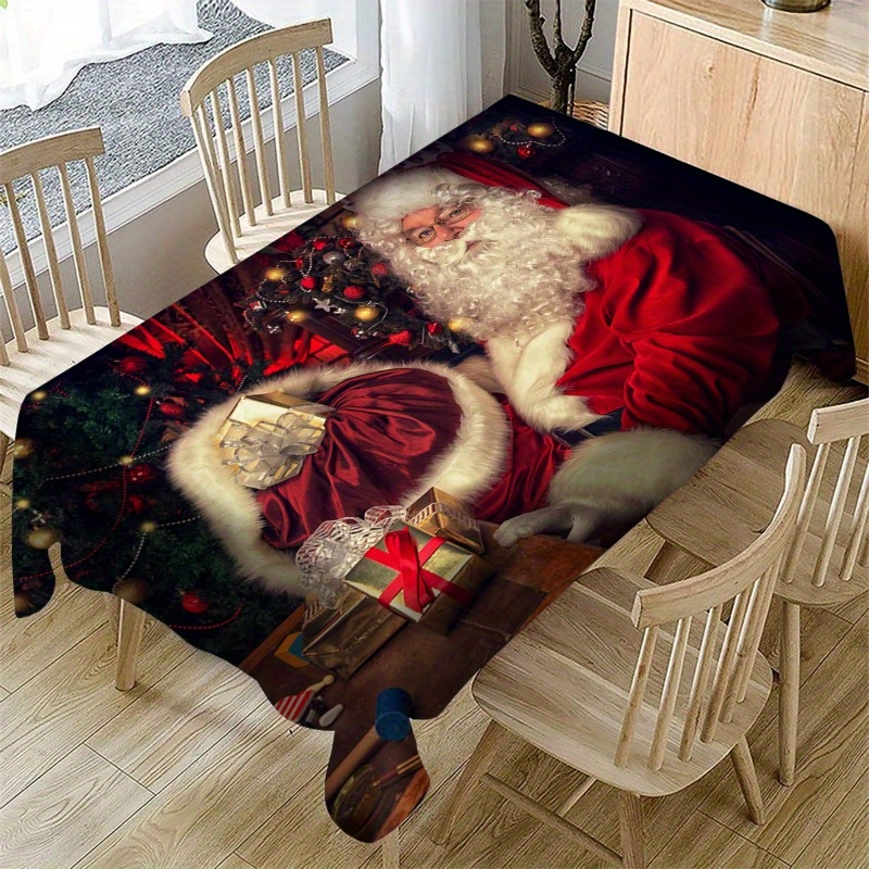 

Merry Christmas Tablecloth With Santa & Gift Design - Vintage Holiday Decor, Polyester, Rectangular, Christmas Decoration