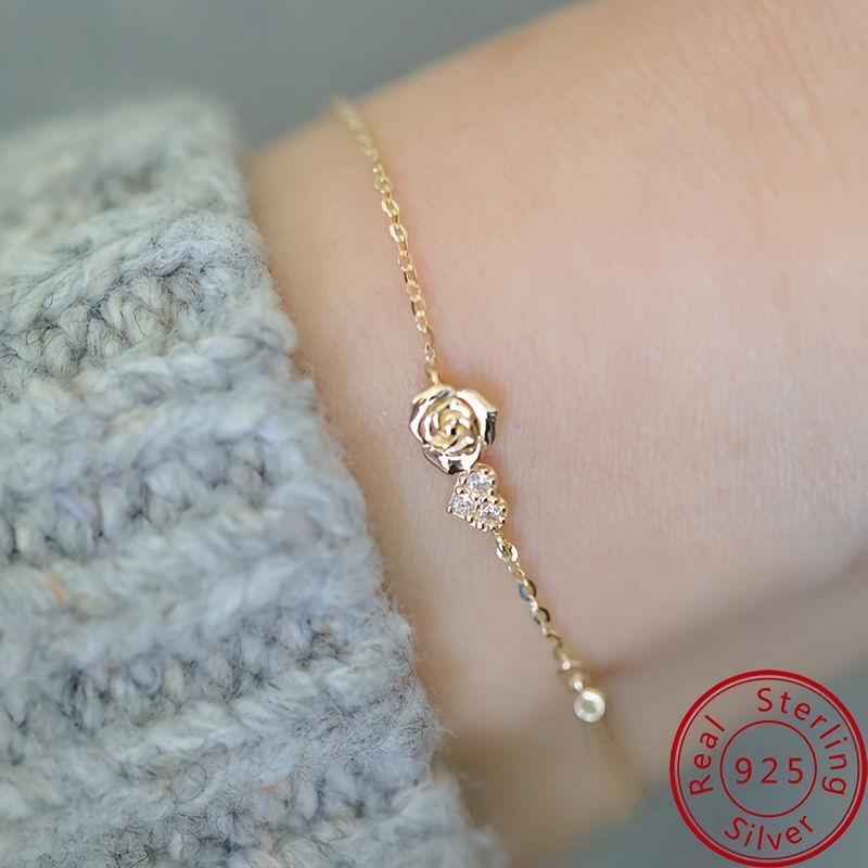 TEMU 925 Sterling Heart Rose Flower Thin Chain Bracelet Inlaid Shiny Zirconia Elegant Hand Chain Bracelet