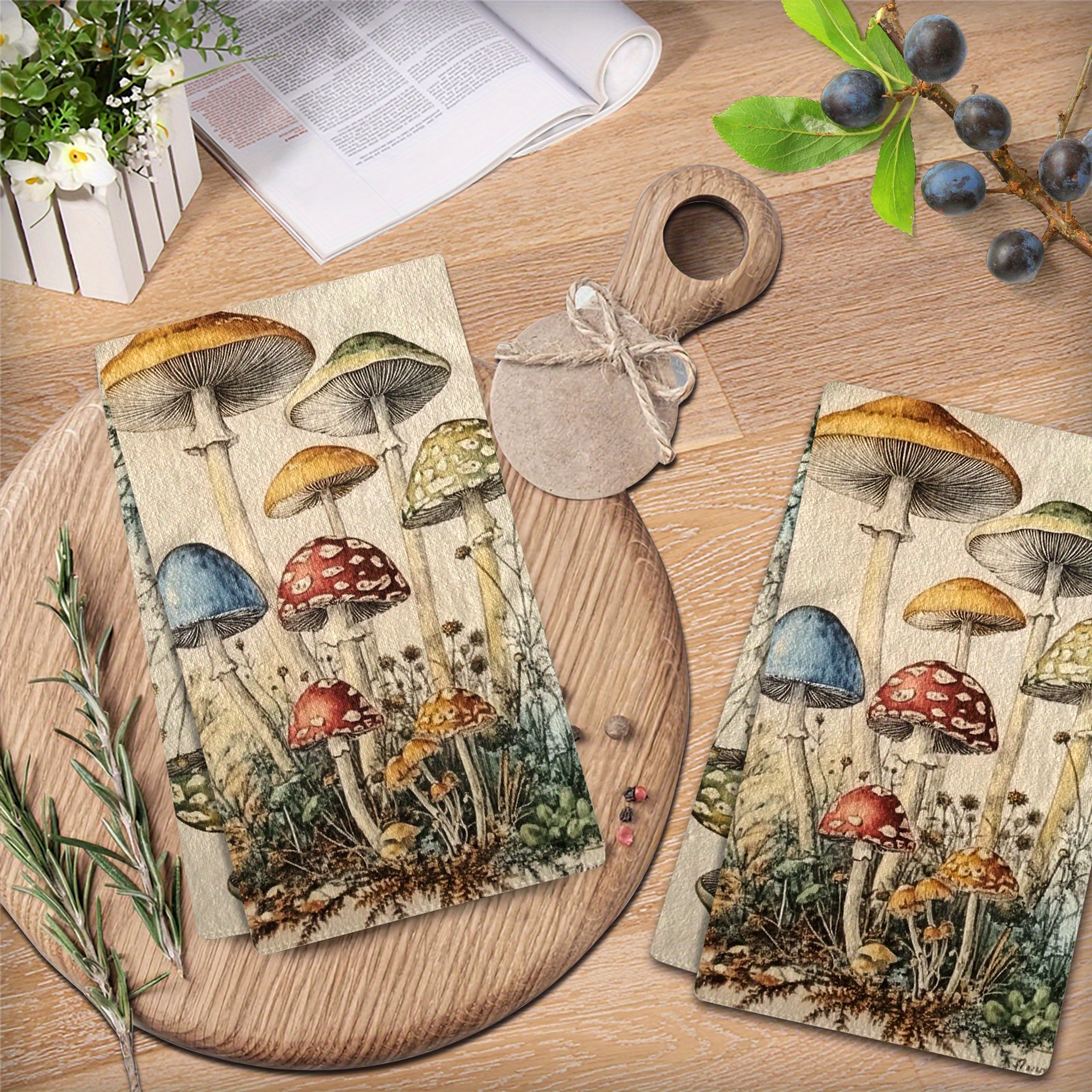 

2pcs, Rustic Mushroom Kitchen Towels, 27.2x18.4 Inches, Modern Cartoon Design, Ultrafine Fiber, High Absorbency, Machine Washable, Home & Housewarming Party Decor