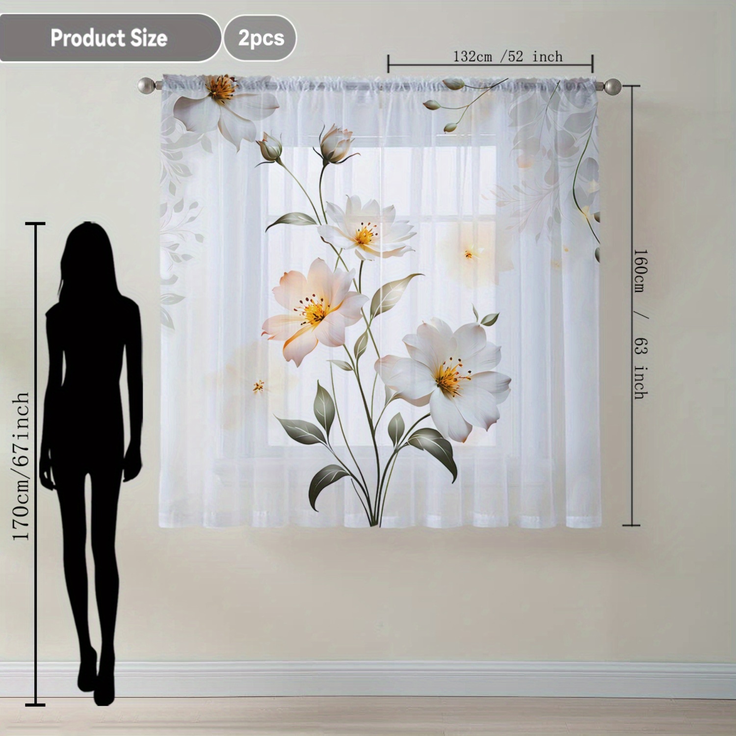 TEMU 2pcs Home Decoration Curtain White Simple Epiphyllum Floating Window Curtain Suitable For Kitchen, Coffee Shop, Living Room, Dining Room,