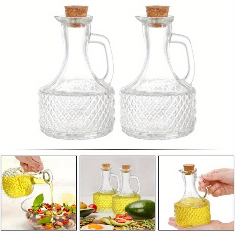 

Lot de 2 burettes à huile et vinaigre en verre épais européen, BPA, bouchon en liège, texturé rond, lavage , distributeurs de de (350 ml)