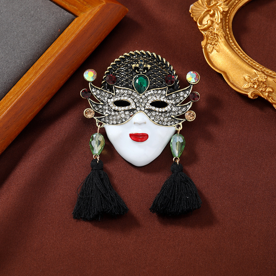 vintage inspired enamel mask brooch with tassels unique crystal accents   parties banquets details 0