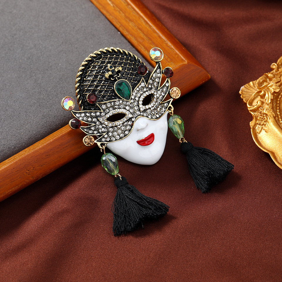 vintage inspired enamel mask brooch with tassels unique crystal accents   parties banquets details 1