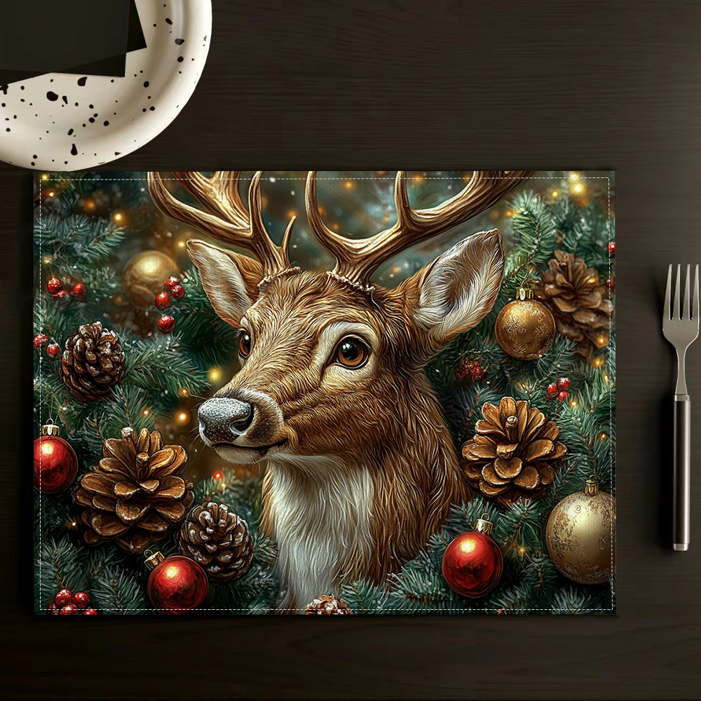 

Christmas Deer Print Linen Placemats - 2pcs/4pcs Set, Hand Washable, Woven Rectangle Table Mats For Decor, Easy To Clean And Store