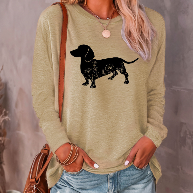 

Women's Long Sleeve Crew Neck T-shirt With Dachshund Print - Casual Knit Polyester Blend Top For Fall/winter