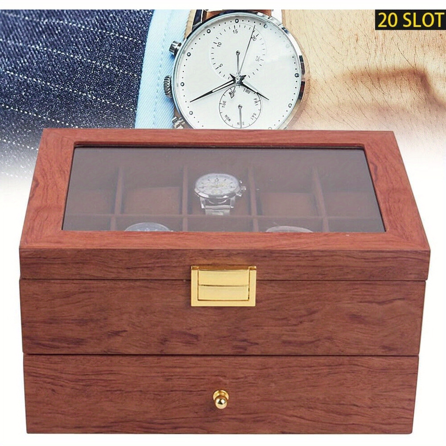 TEMU Modern Watch Box With 20 Compartments, Portable Watch Case, 2 Tiers Men's Watch Box With Glass Lid And Watch Cushion