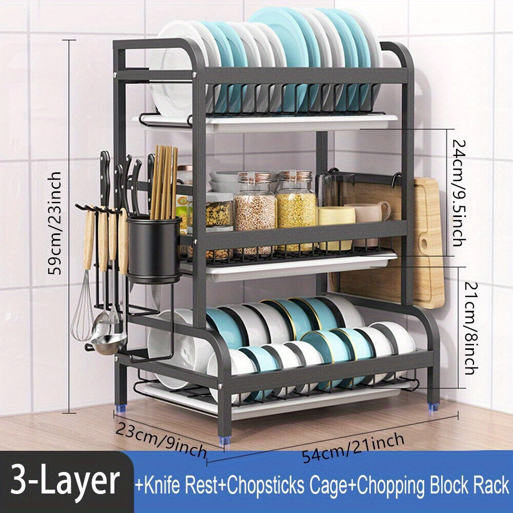 Temu 3-Etagen Geschirrabtropfgestell Mit Auffangschale - Metall KüChenarbeitsplatten-Organizer, Teller- Und SchüSselhalter, Besteckaufbewahrung,-image