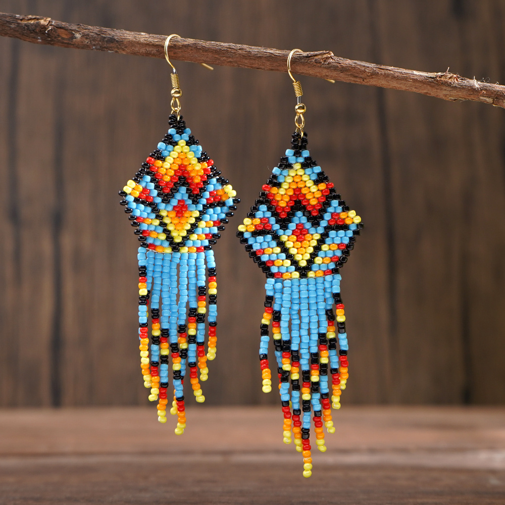 Diamond Beaded Fringe store Earrings | Indigenous and Boho Style | Hypoallergenic Ear Wires | 3 Colour Options