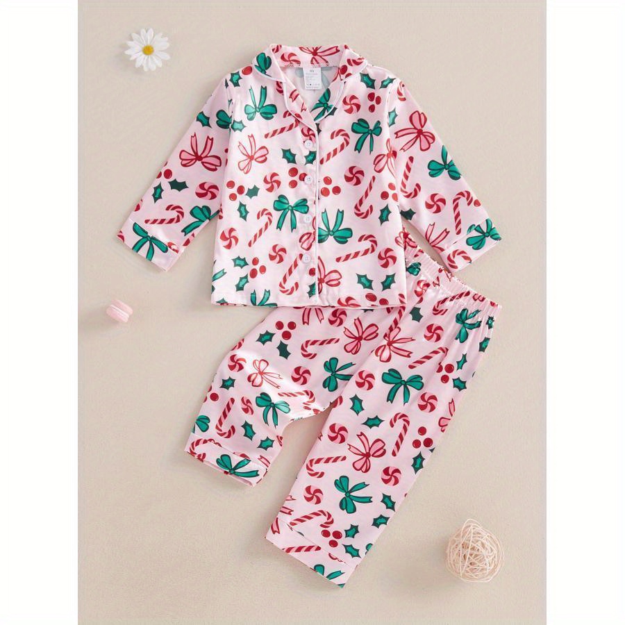 

Girl Christmas Sets Bow/candy Cane Print Lapel Neck Button-up Tops Long Pant Co Ord Set