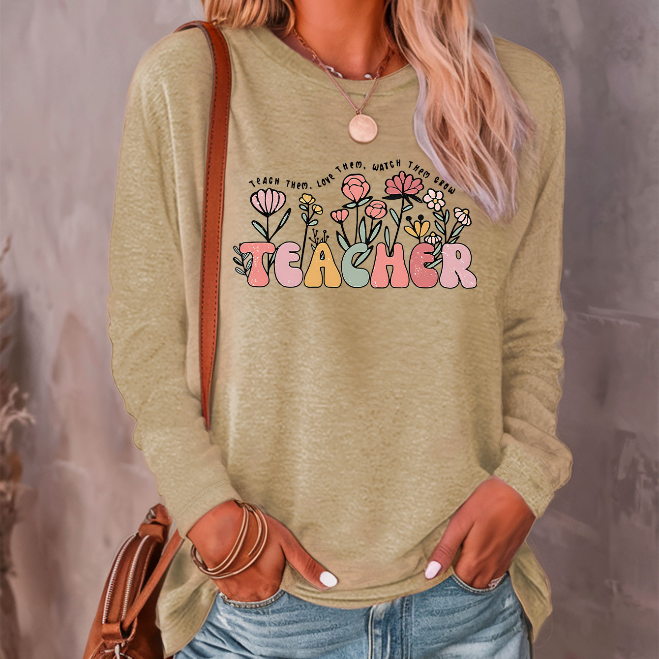 

Women's Casual Crew Neck Long Sleeve T-shirt With Cartoon Teacher Print - Polyester Blend Knit Fabric, Regular Fit, Ideal For Fall/winter