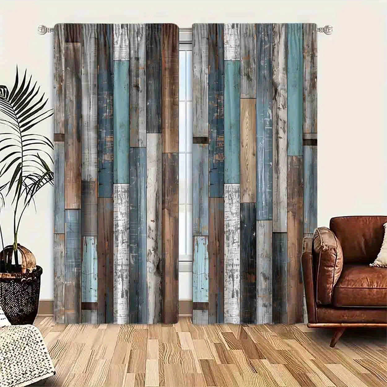 

Set Of 2 Wood Plank - Curtains - Polyester, Rod Hanging, Sanded , , For And - Unlined Panels