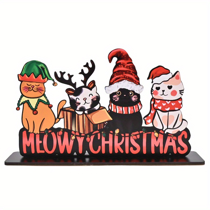 Image of 2d Flat Cute Cat Christmas Wooden Decoration - 1pc, Santa Hat & Antlers Design Theme For Home Office Parties | Universal Desk/windowsill/bookshelf Ornament With Durable Finish – Perfect Gift Idea