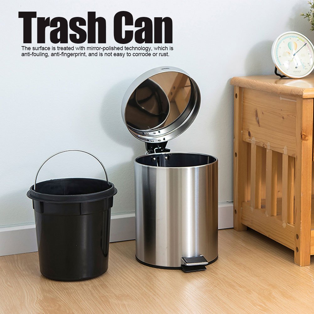 

Stainless Steel Foot-operated Trash Can, 3l Silent Closing Lid, Polished Cylindrical Finish - Durable Trash Can Home Bathroom, Kitchen, Living Room Metal Portable Trash Can