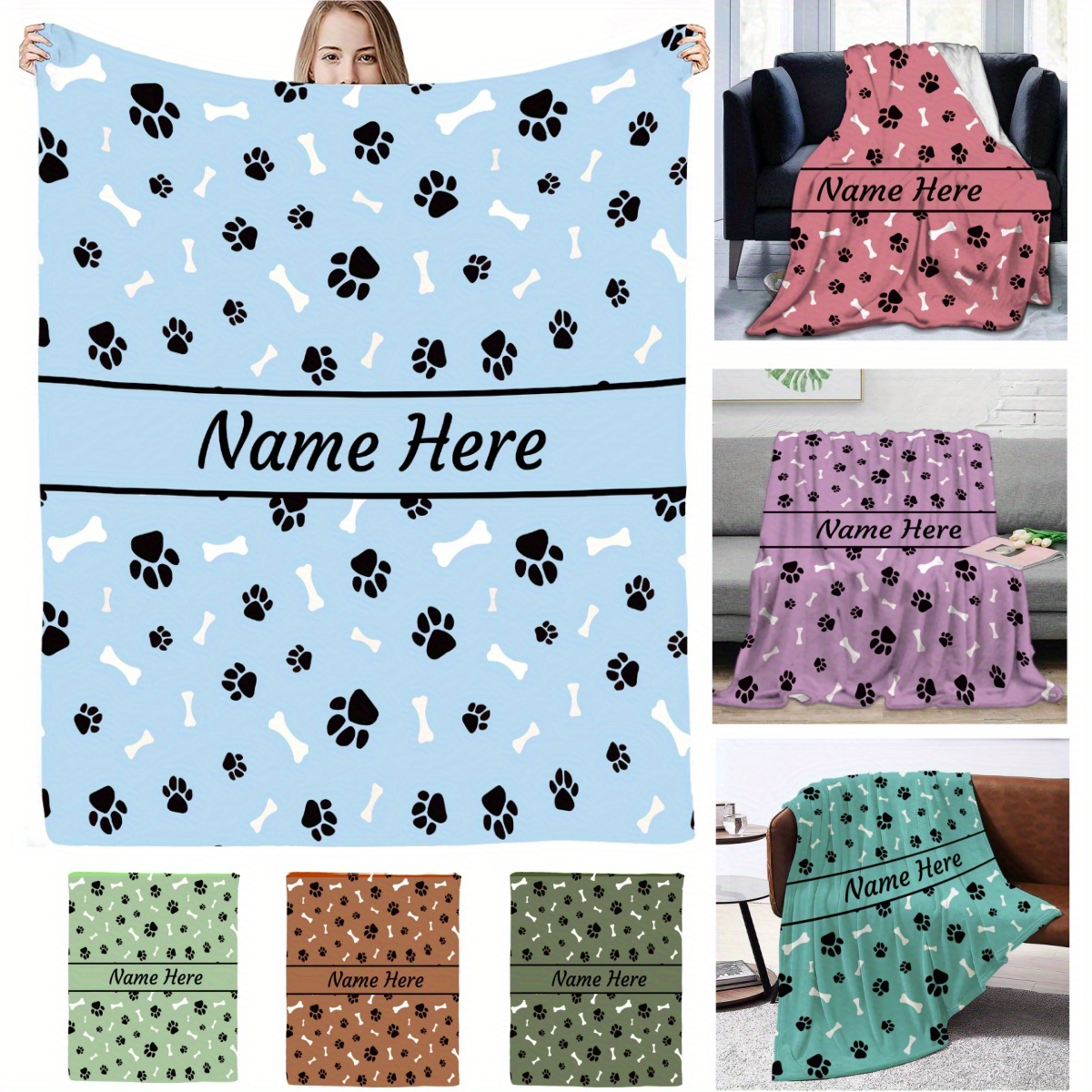 

Customizable & Bone Pattern Fleece Throw Blanket With Personalized Name - Cozy Polyester Throw For Couch, Chair & Bed | Ideal Gift For Pet Owners, Family, Friends | For All , Sizes