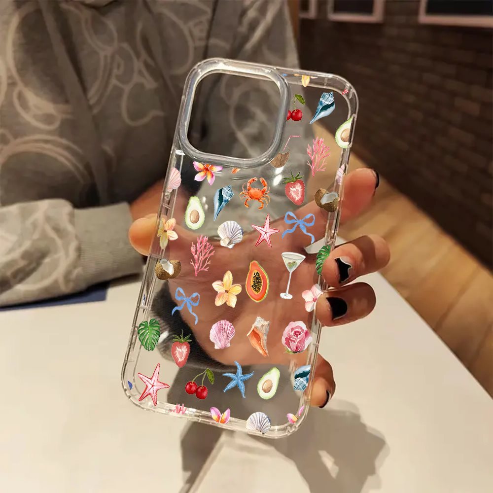 TEMU Cute Flower Bow Strawberry Sea Shells Aesthetic Transparent Phone Case Cover For Iphone 11 12 13 Pro Case For Women, Girl, Friend Perfect Gift