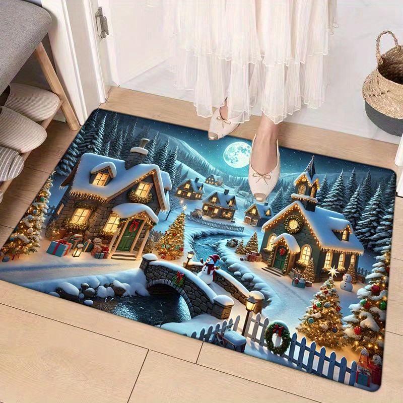 

1pc Christmas Winter Snow Village Print Non-slip Washable Doormat, Polyester Low Pile Entryway Rug, Fade Resistant Machine Washable Floor Mat For Room Bedroom Laundry Bathroom Decor